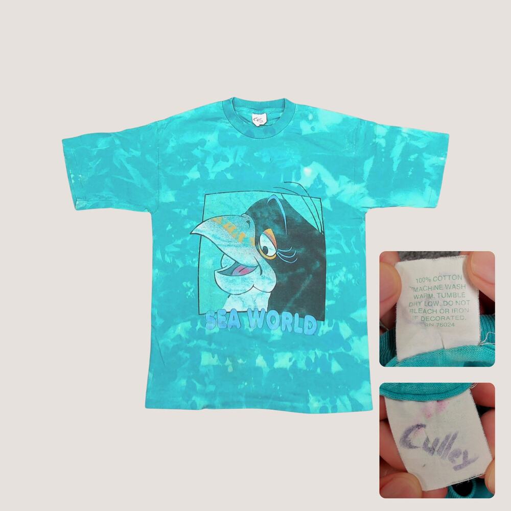 Vintage 80s 90s SeaWorld Penny Penguin Aqua Bleach Tie Dye Shirt Oversized Large